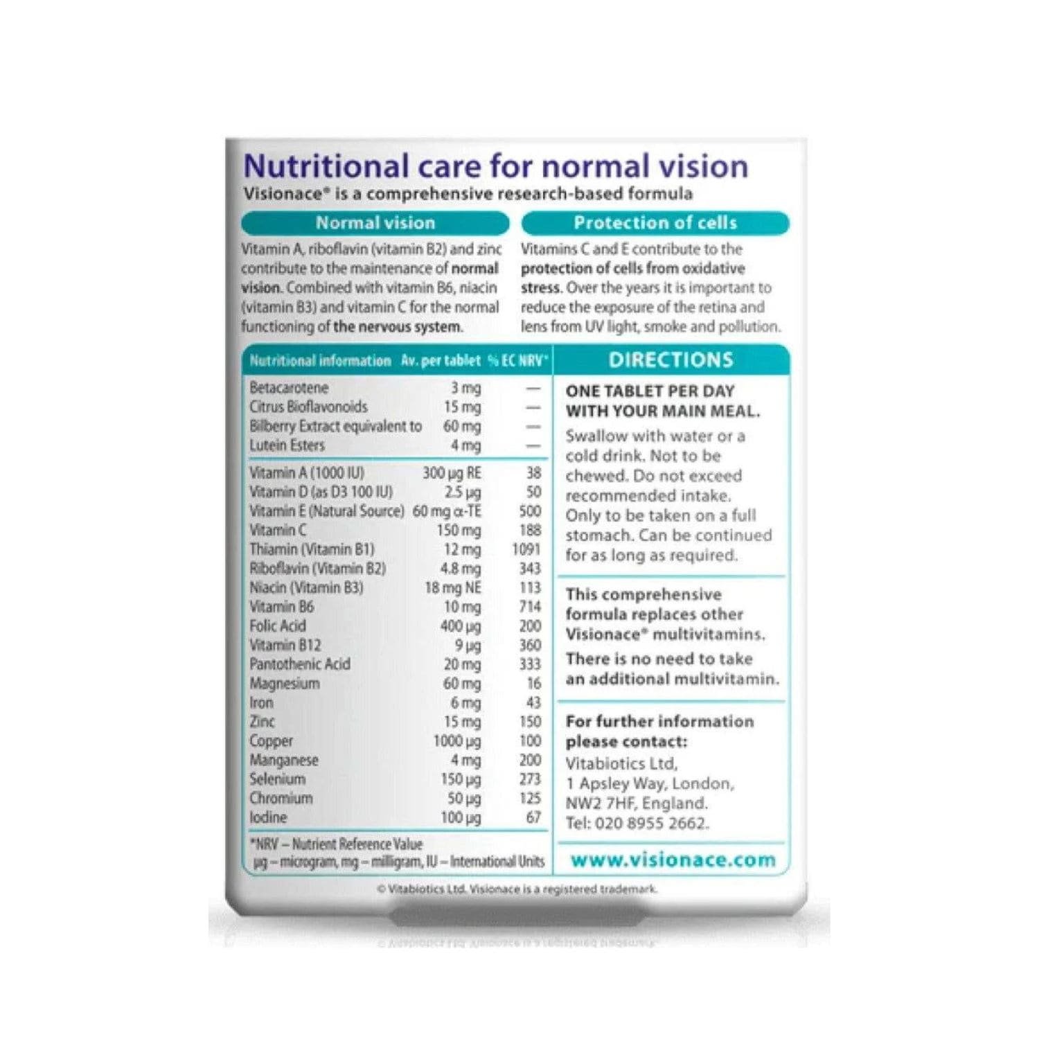 Vitabiotics Visionace Original supplement facts label and ingredients list