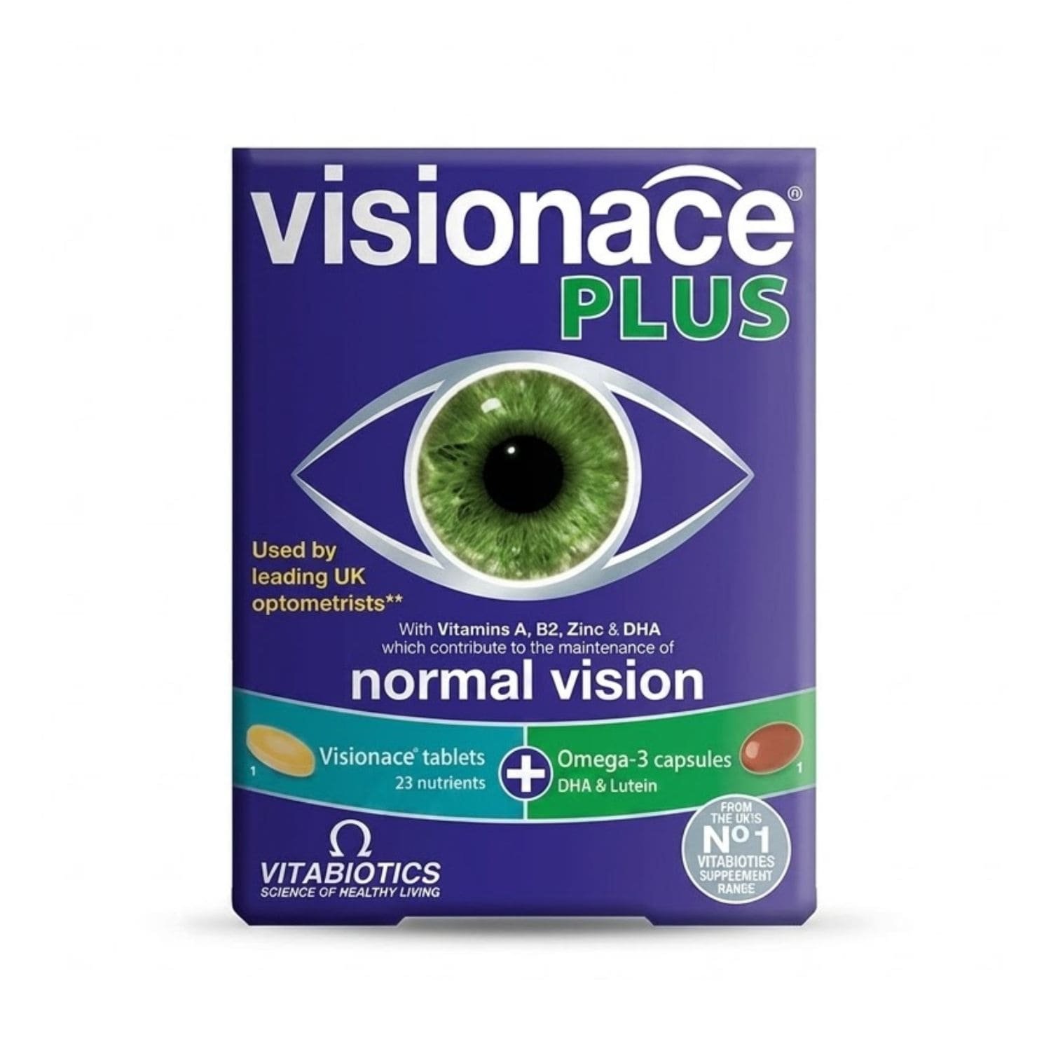 Vitabiotics Visionace Plus Omega-3 dual pack containing tablets and capsules for advanced vision care.
