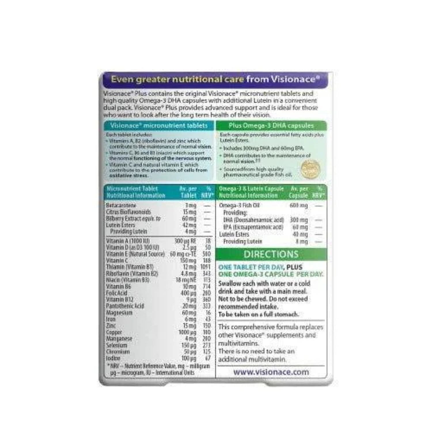 Vitabiotics Visionace Plus Omega-3 supplement facts label showing full ingredients.