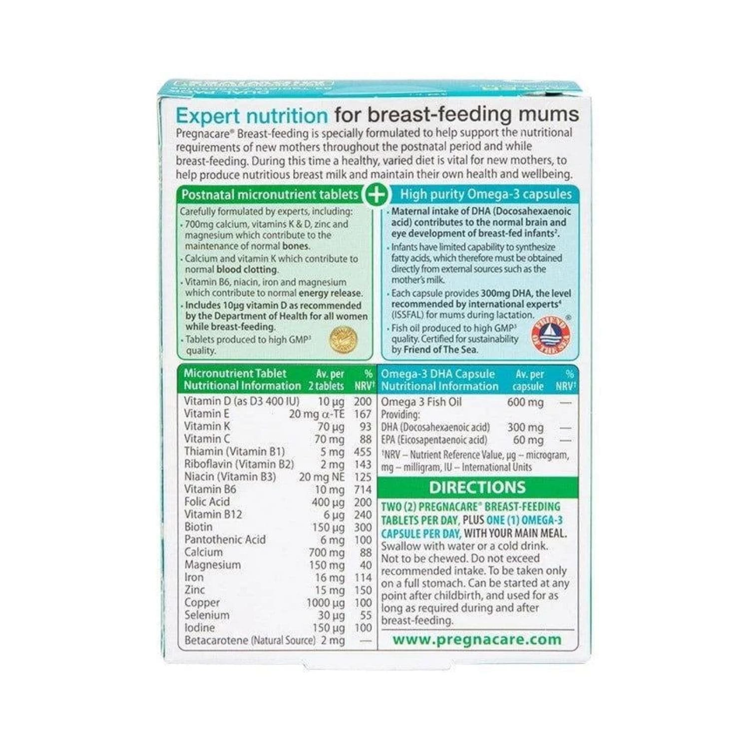 Ingredients list and supplement facts label of Vitabiotics Pregnacare Breast-feeding.