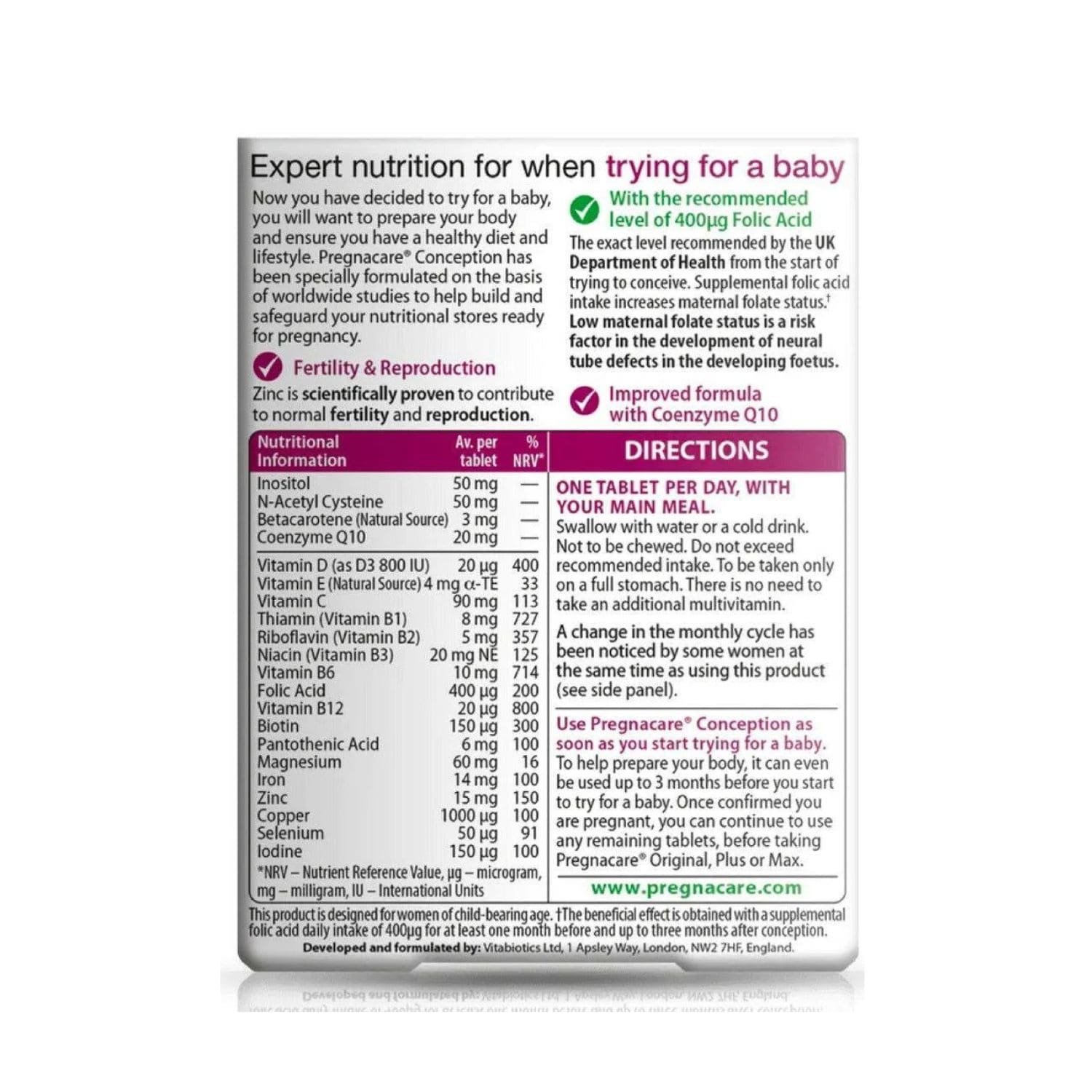 Nutritional information and ingredients list on the back package label of Vitabiotics Pregnacare