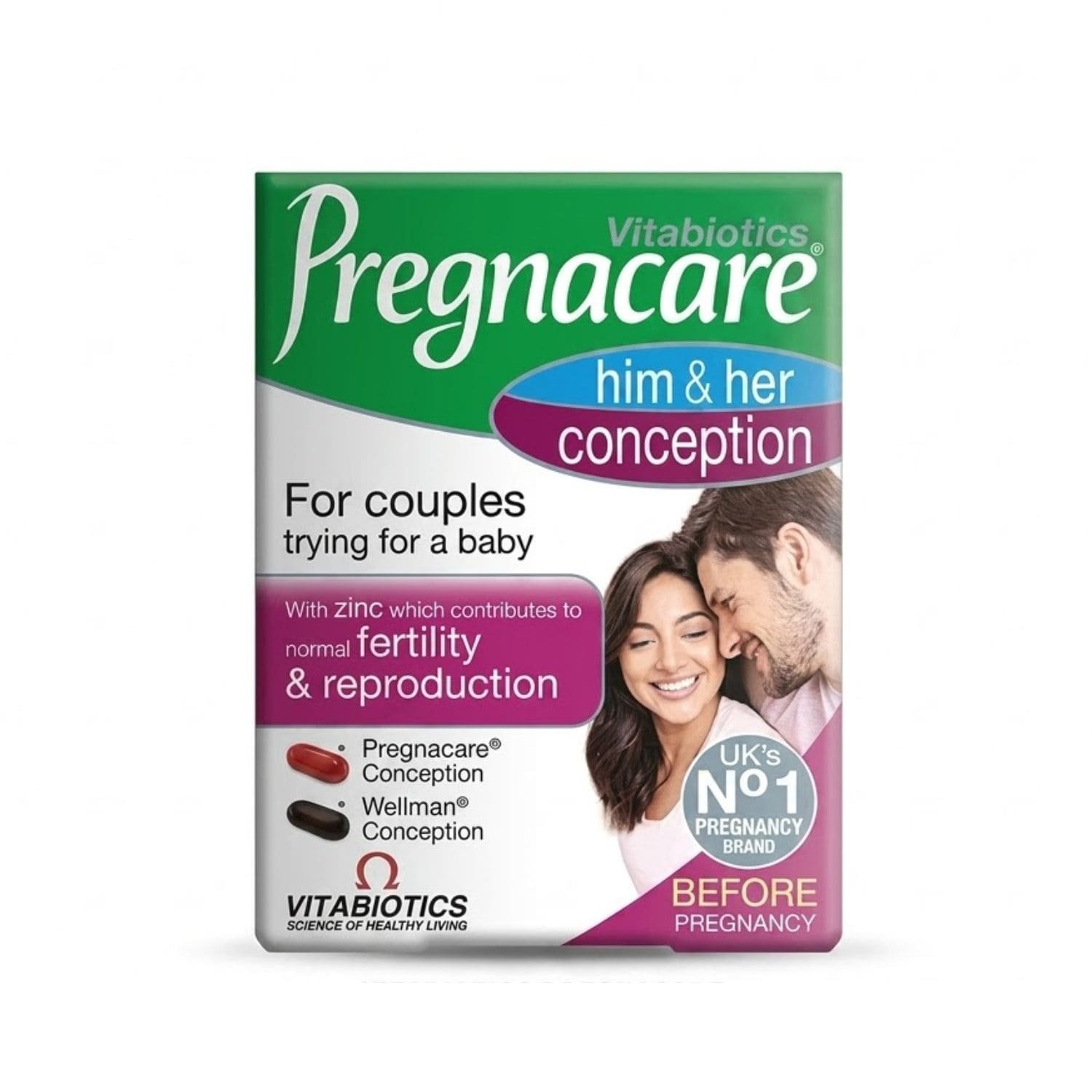 Front packaging and ingredients label of Vitabiotics Pregnacare Him and Her Conception dual pack