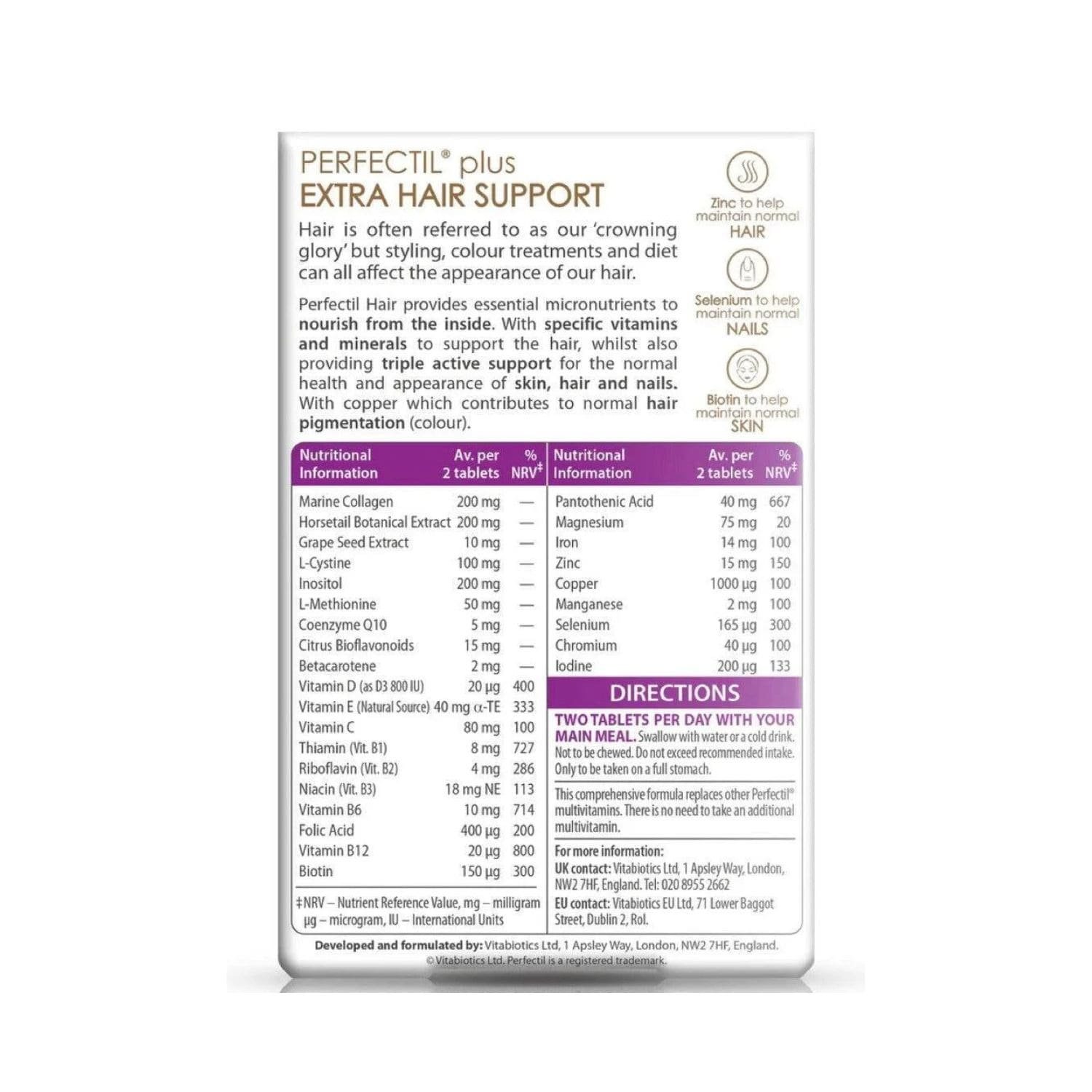 Nutrition information label and full ingredients list of Vitabiotics Perfectil Plus Hair Extra Support 60 tablets.