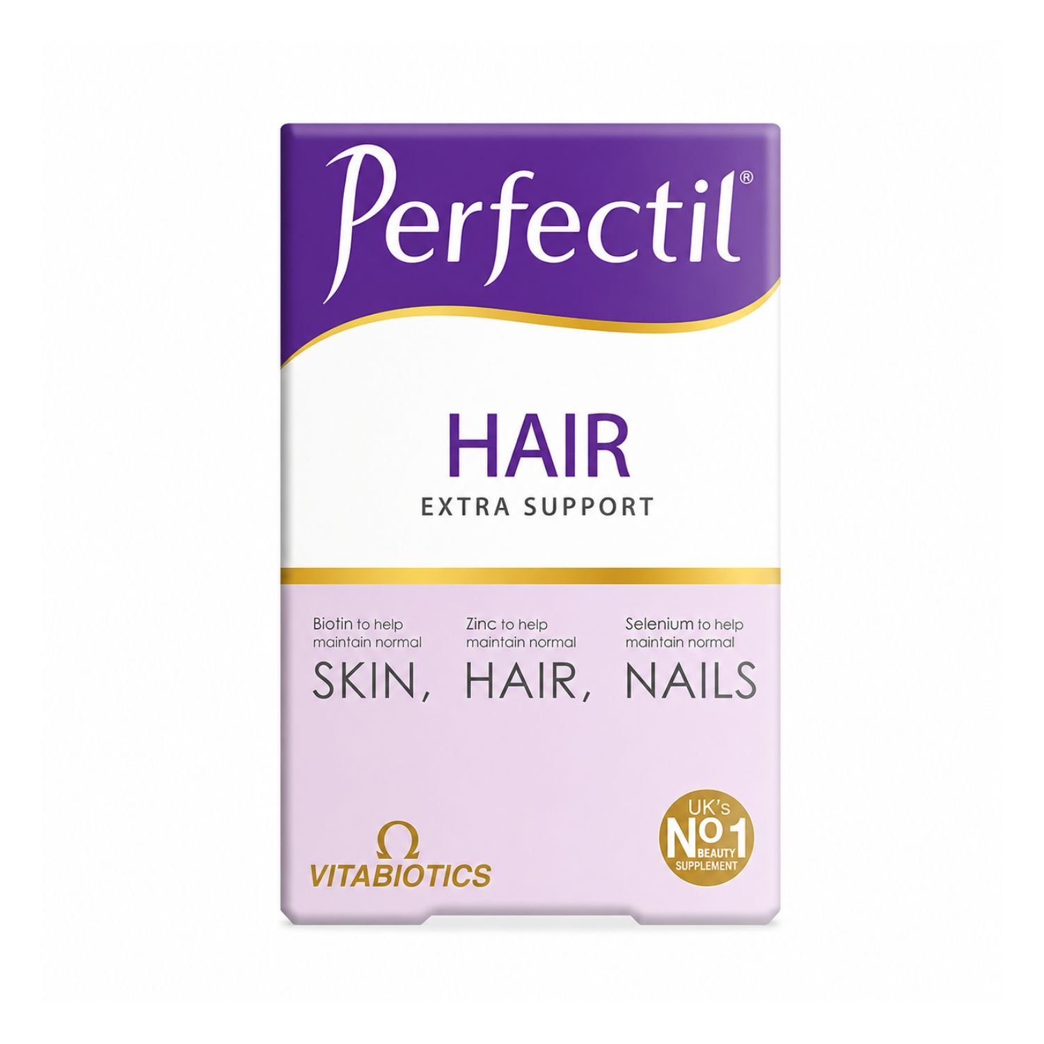 Front view of the Vitabiotics Perfectil Plus Hair Extra Support 60 tablets packaging box.