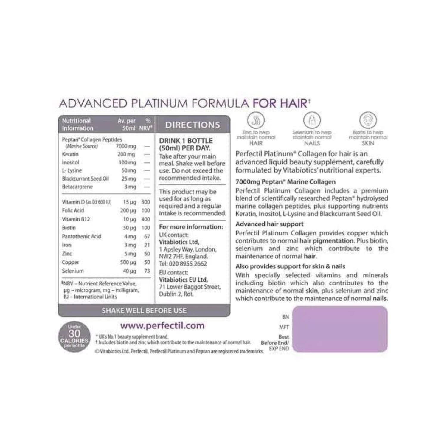 Ingredients nutrition facts label of Vitabiotics Perfectil Platinum 10 Beauty Drinks
