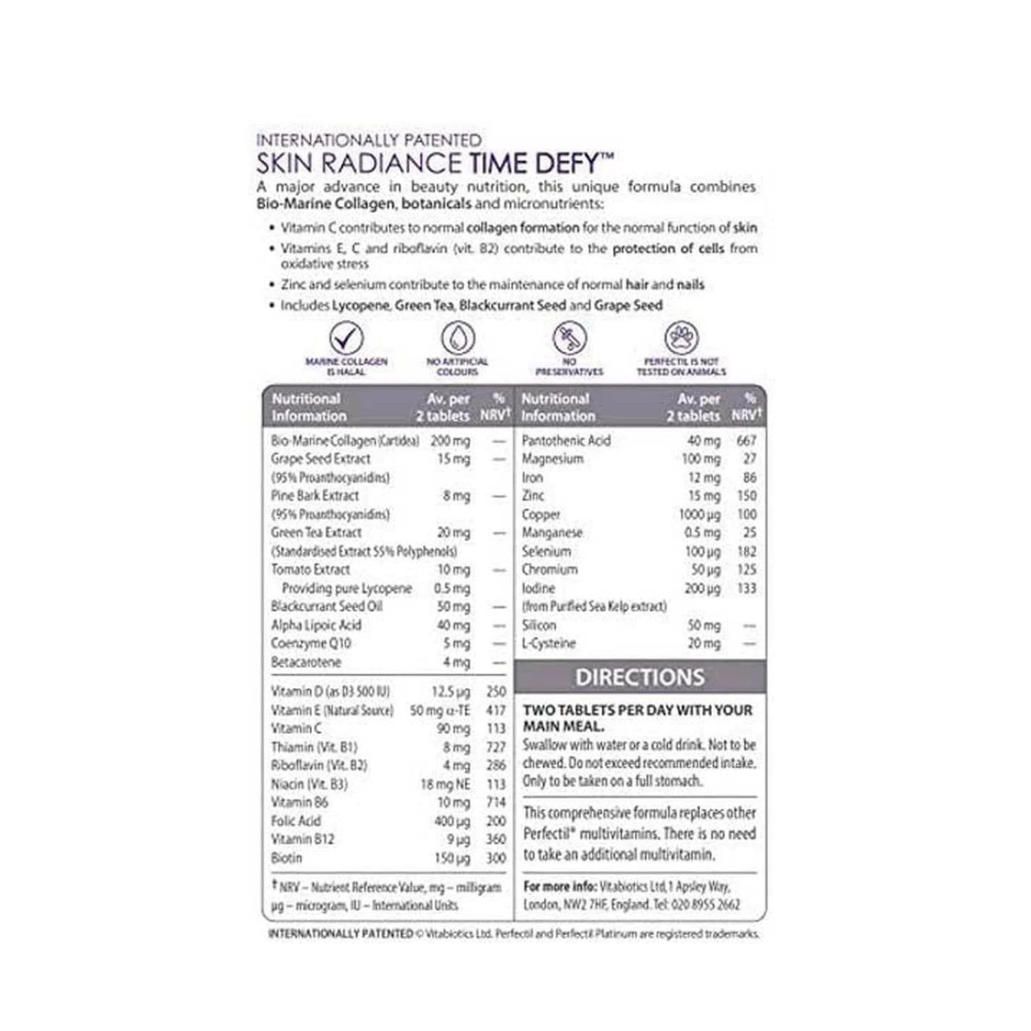 Supplement facts and ingredients list label on the back of Vitabiotics Perfectil Platinum Skin Radiance 60 tablets box.