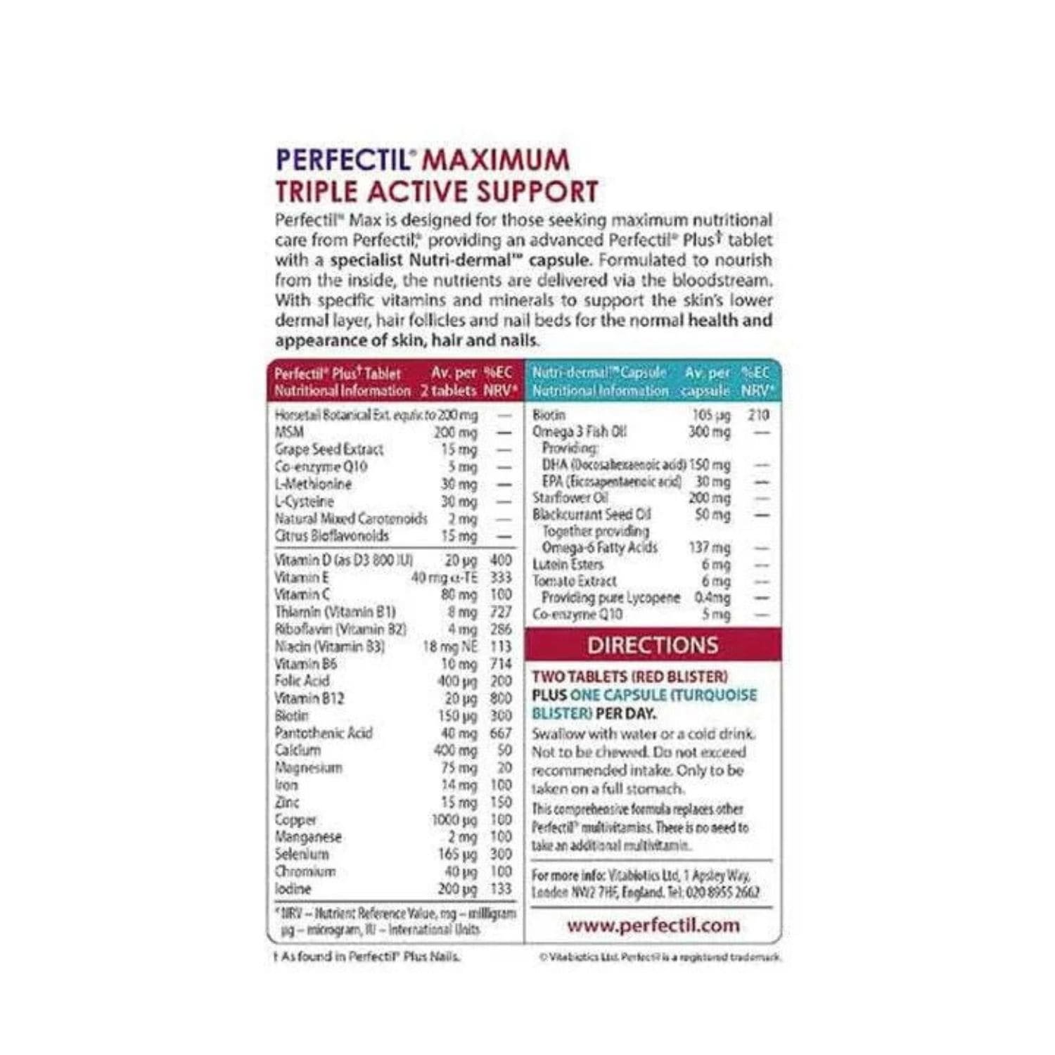 Close-up of the back label on a Vitabiotics Perfectil Max 84 pack box, displaying the side-by-side nutritional ingredient tables.