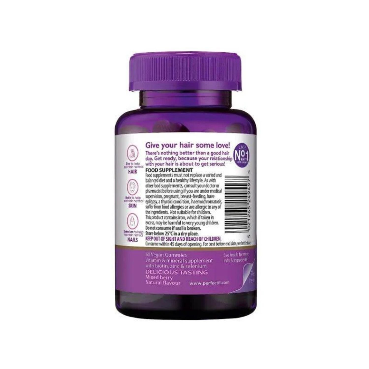 Close-up of the nutritional ingredients table on the back label of Vitabiotics Perfectil Hair Crush 60 gummies bottle