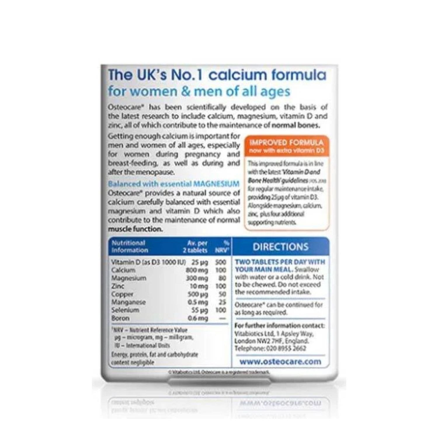 Vitabiotics Osteocare Original 30 tablets back label showing nutritional ingredients supplement facts