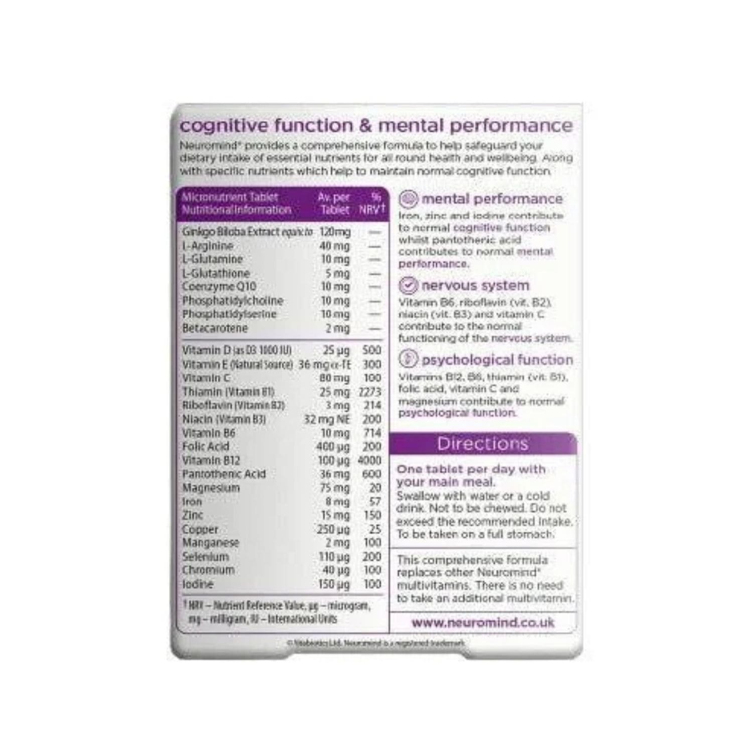 Vitabiotics Neuromind Original ingredients label showing vitamins, minerals,
