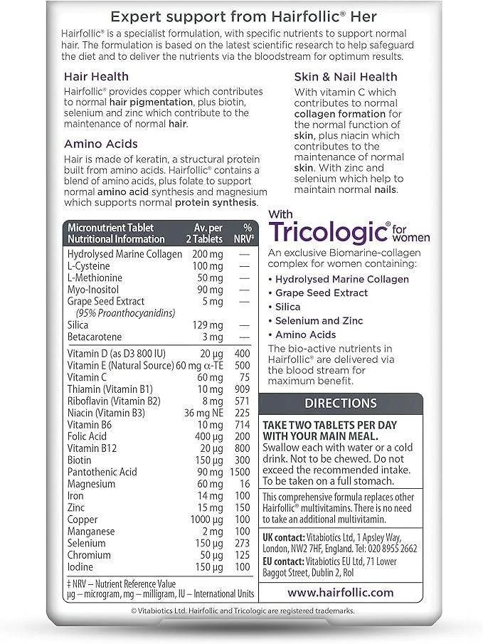 Rear label ingredients list of Vitabiotics Hairfollic Her tablets box
