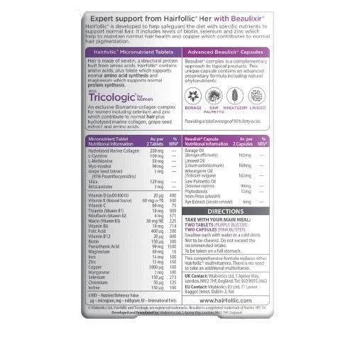 Rear label ingredients list of Vitabiotics Hairfollic Her Advanced dual pack