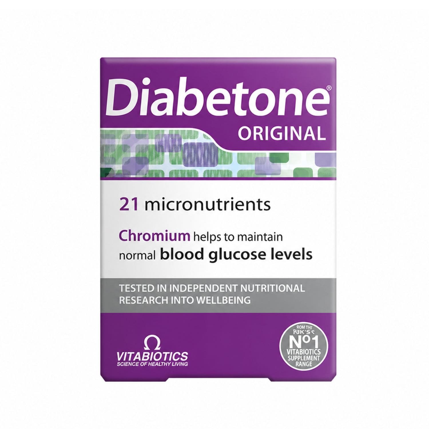 Front view of Vitabiotics Diabetone Original packaging, a specialist daily multivitamin.