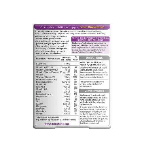 Close-up shot of Vitabiotics Diabetone Original nutrition facts table and ingredients list.