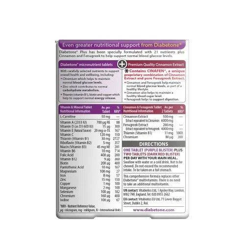 Close-up of Vitabiotics Diabetone Plus Omega-3 nutrition facts table and ingredients list
