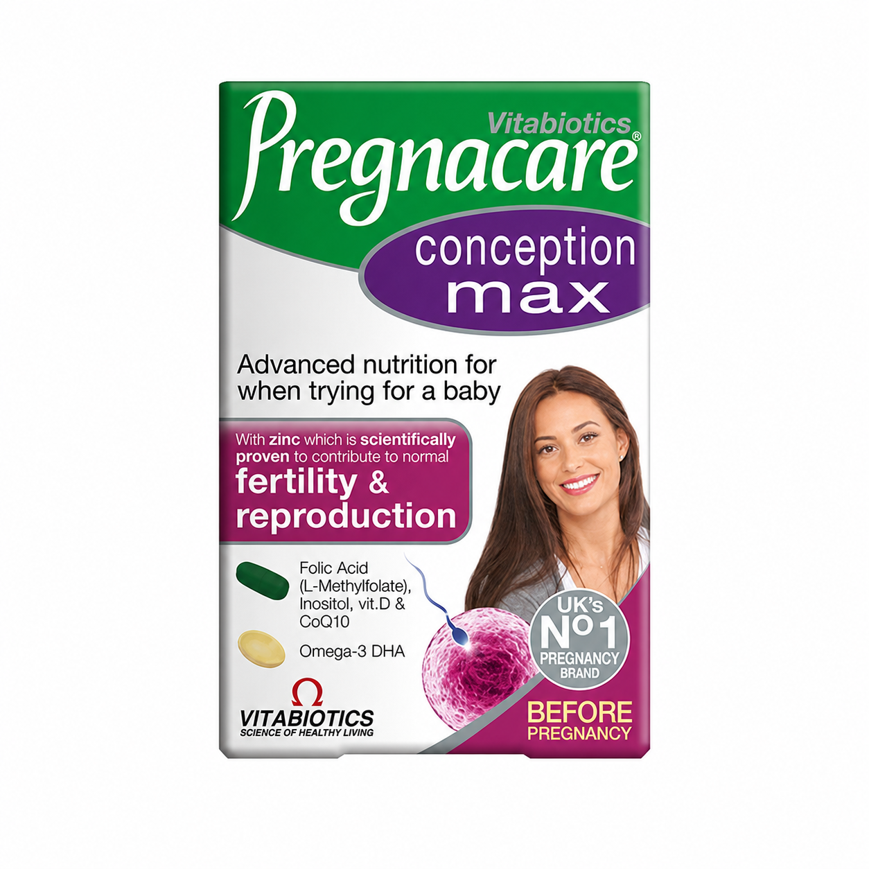 Front packaging of Vitabiotics Pregnacare Conception Max dual pack