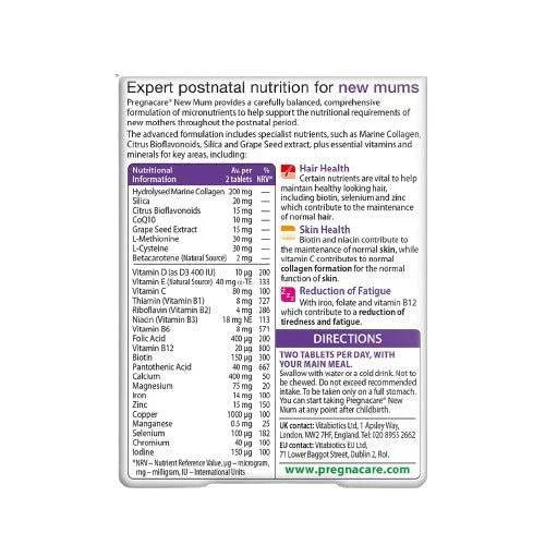 Close-up of Vitabiotics Pregnacare New Mum nutrition facts table and ingredients list