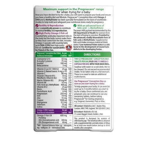 Close-up of Vitabiotics Pregnacare Conception Max nutrition facts table and ingredients list