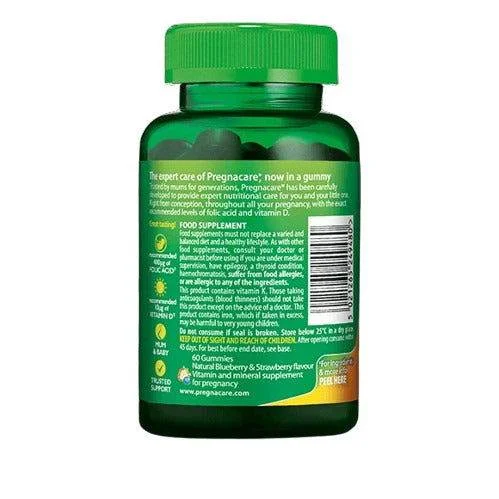 Close-up of Vitabiotics Pregnacare prenatal gummies nutritional supplement facts label