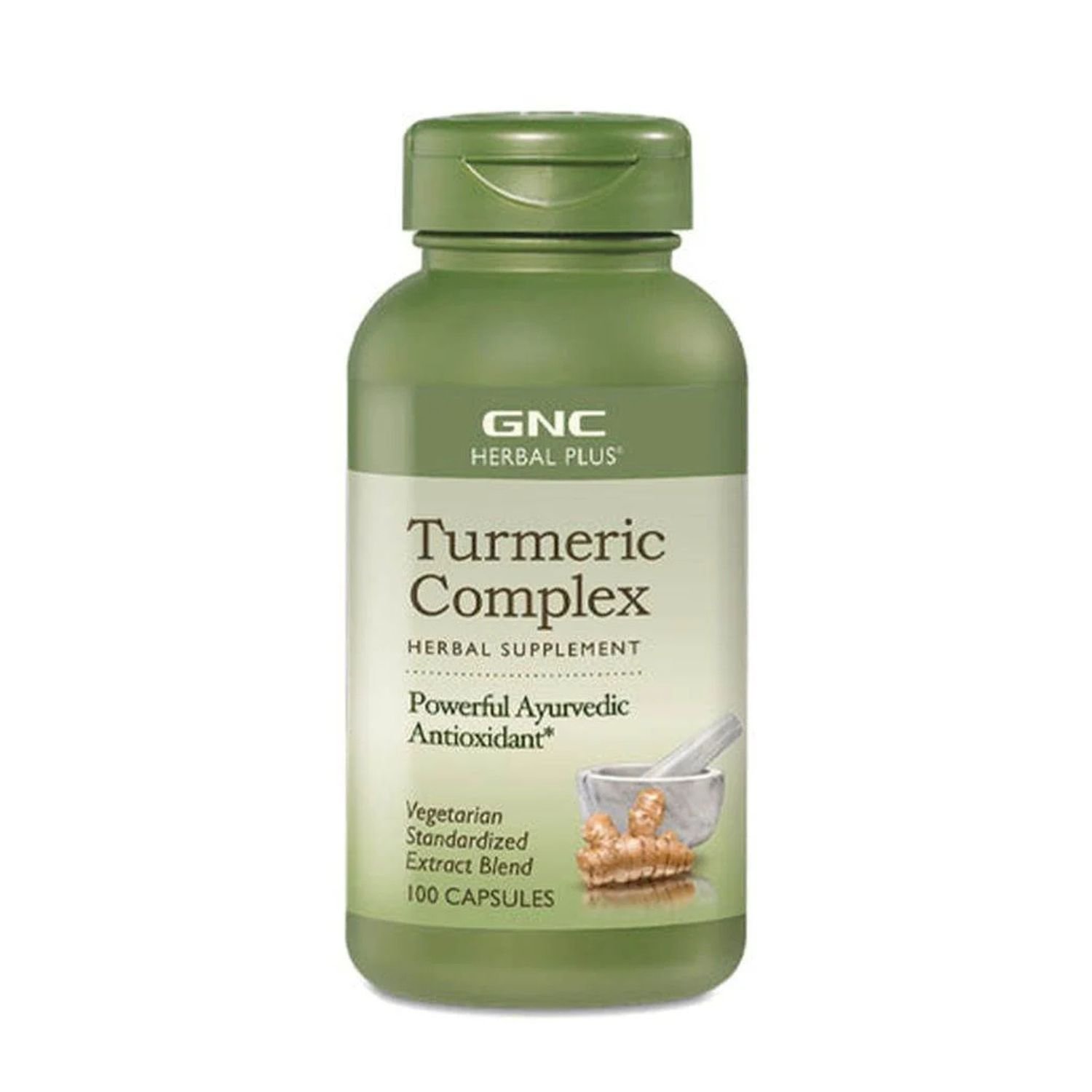 Front view of GNC Herbal Plus Turmeric Complex 100 capsules bottle,