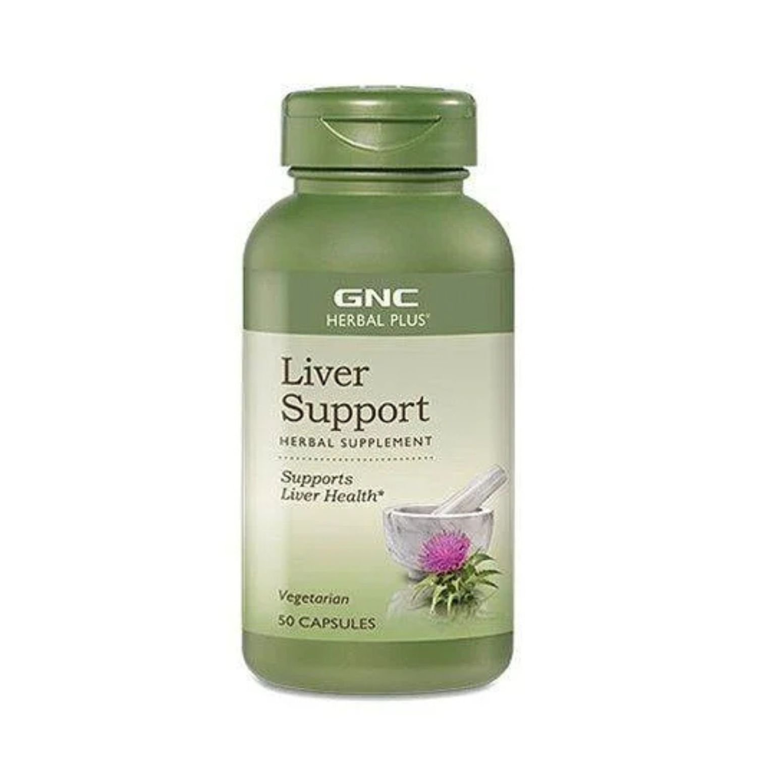 Front view of GNC Herbal Plus Liver Support 50 capsules bottle, a premium herbal