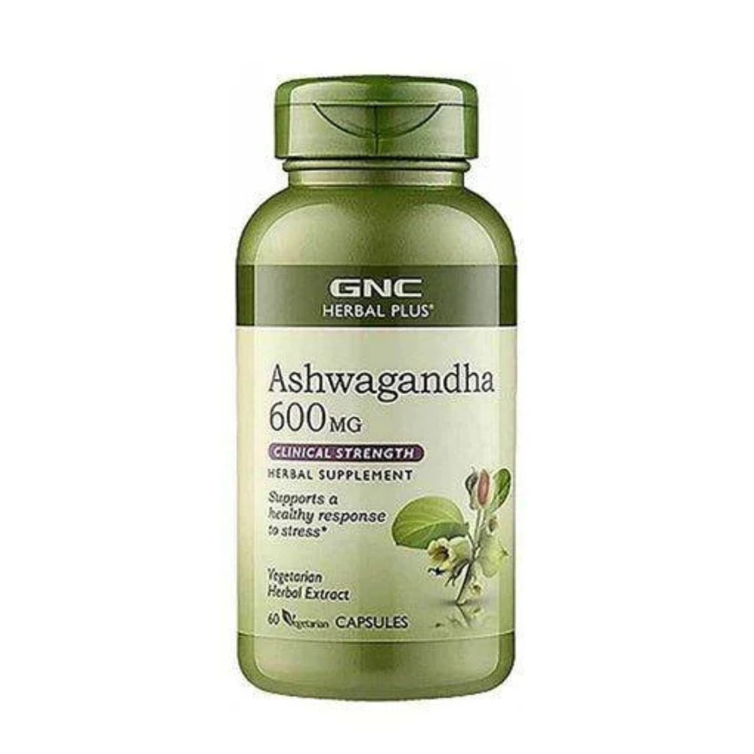 GNC Herbal Plus Ashwagandha 600mg 60 Capsules front bottle label view