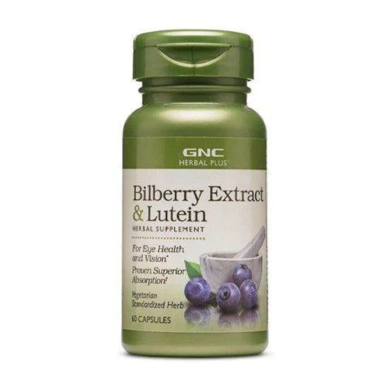 GNC Herbal Plus Bilberry Extract and Lutein 60 Capsules front bottle label
