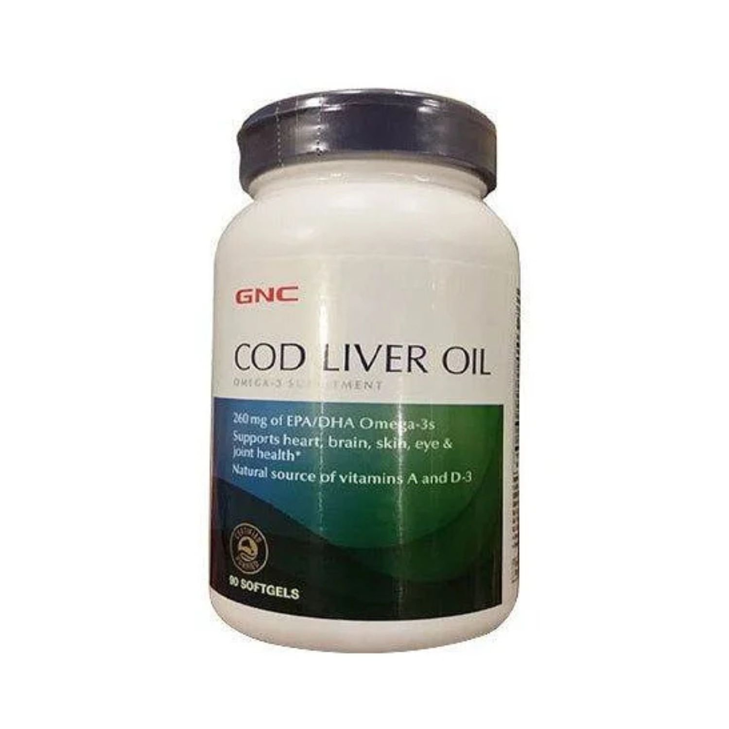 GNC Cod Liver Oil 90 Softgels Omega 3 supplement bottle on a pure white background