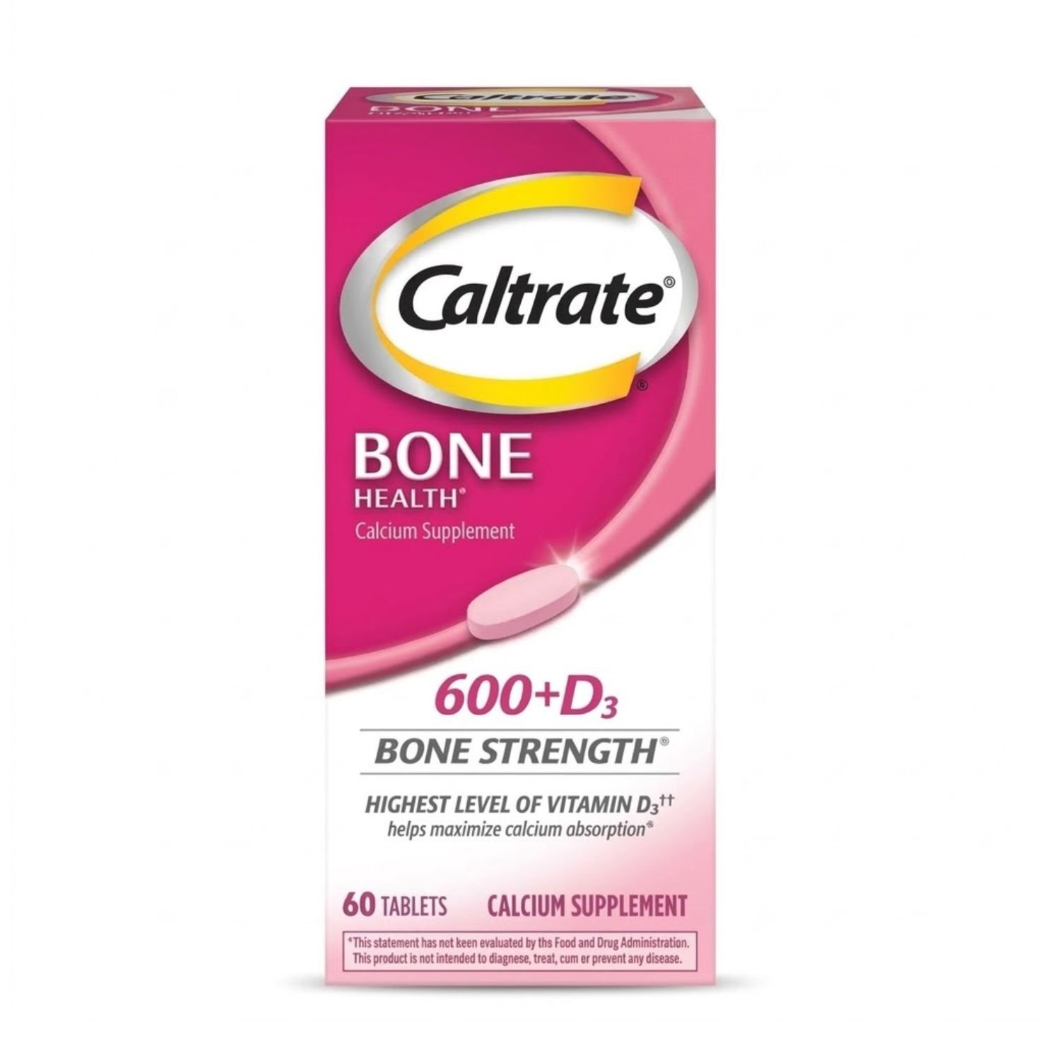 Front view of Caltrate 600 + D3 bottle, 60 tablets, a calcium supplement for bone and joint health support