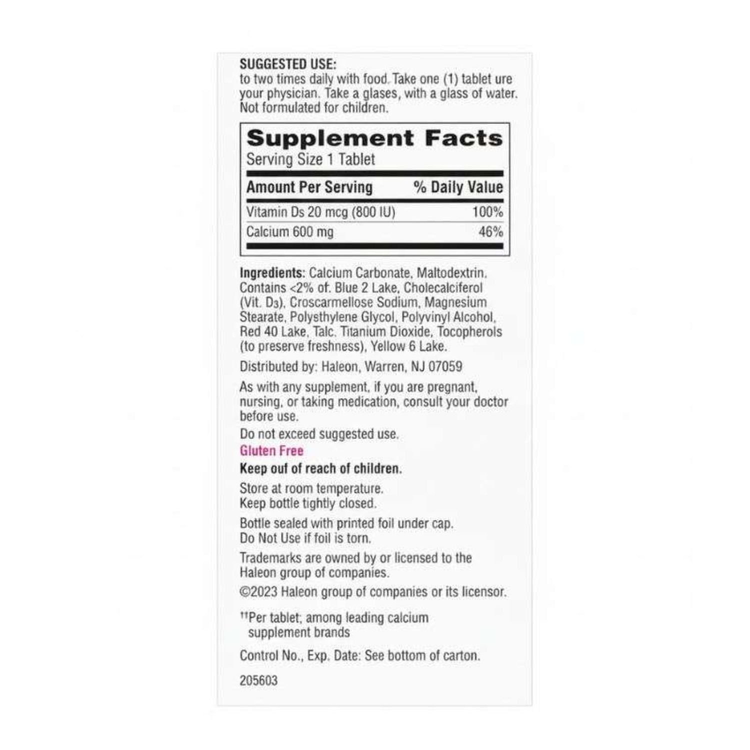 Back label of Caltrate 600 plus Vitamin D3 60 tablets showing Calcium Carbonate and Cholecalciferol ingredients
