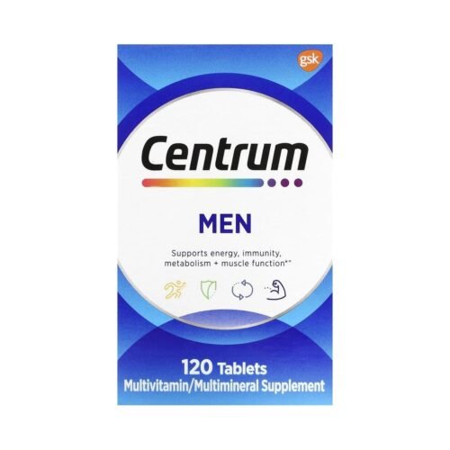 Centrum Men Multivitamin bottle, 120 tablets, featuring the blue and orange label highlighting