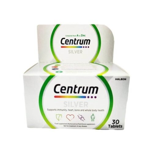 Front view of a Centrum Silver bottle containing 30 tablets, featuring the silver and white branding designed