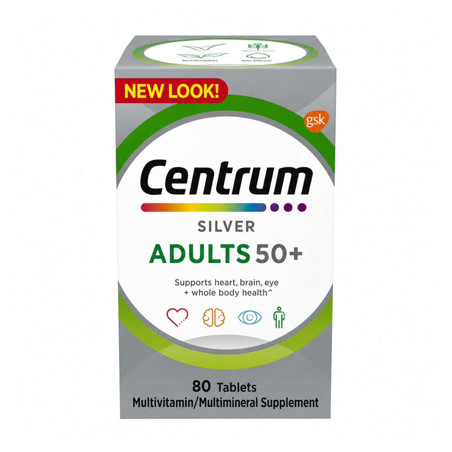 Front shot of Centrum Silver Adult 50 plus multivitamin 80 tablets bottle