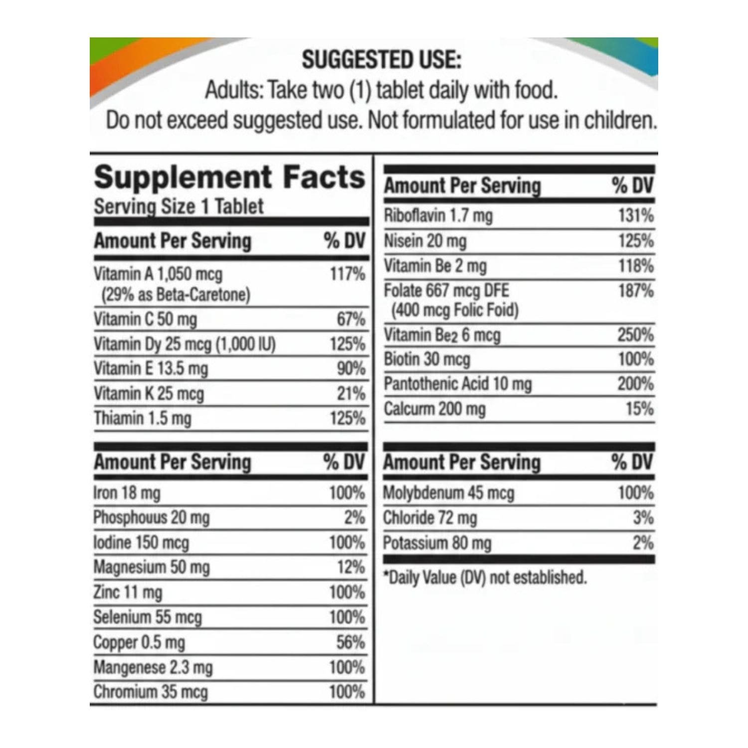 Supplement facts label for Centrum Adults 200 tablets showing detailed nutritional information,