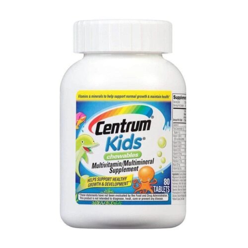 Front view of Centrum Kids Multivitamin 80 chewable tablets bottle, featuring cherry