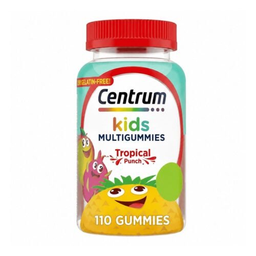 A bottle of Centrum Kids multivitamins in tropical fruit flavor containing 110 chewable gummies