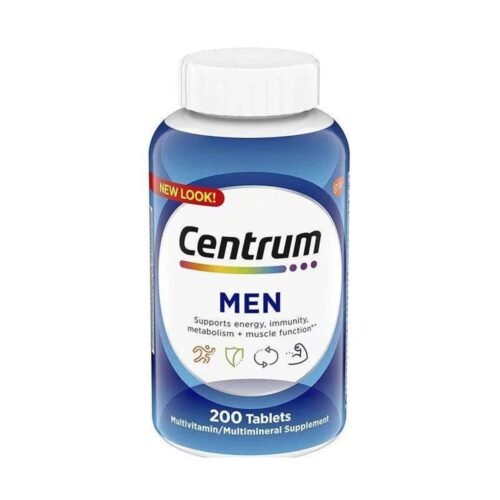 Front view of Centrum Men Multivitamin 200 tablets bottle, a daily supplement for men