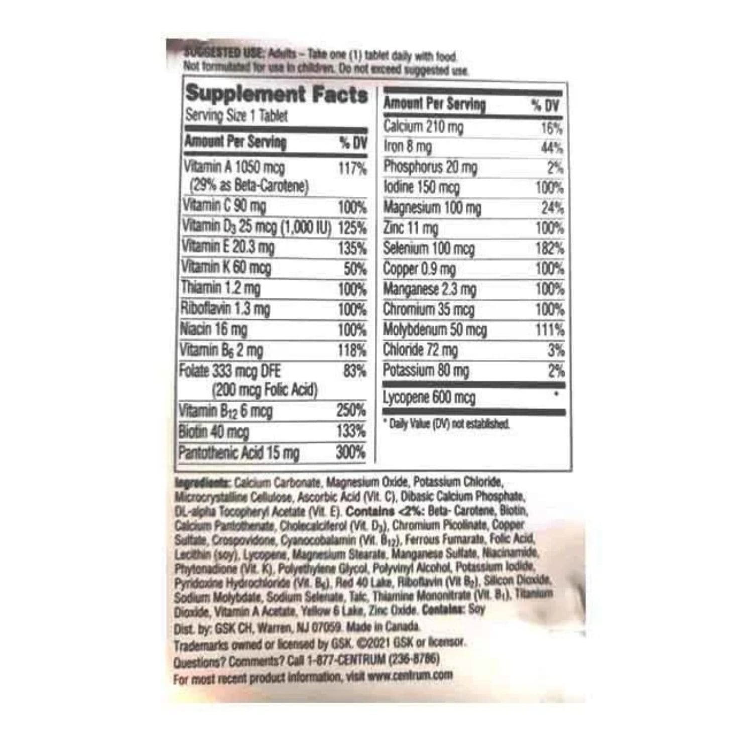 Centrum Men multivitamin, showing nutritional values for B-Vitamins