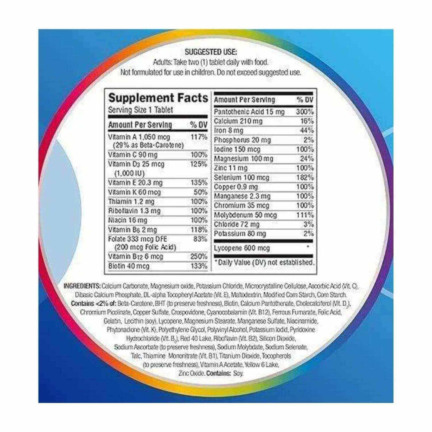 Nutritional label and supplement facts for Centrum Men 200 tablets,