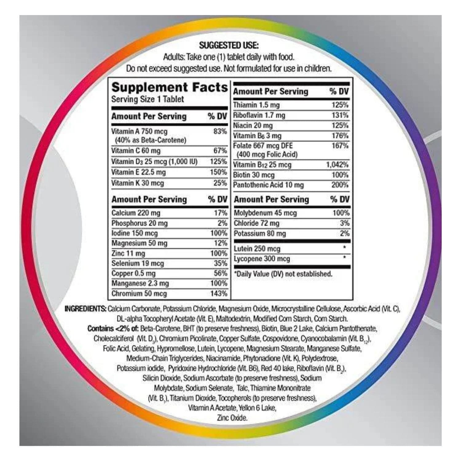 Supplement Facts label for Centrum Silver Adults 50 Plus, 125 count bottle