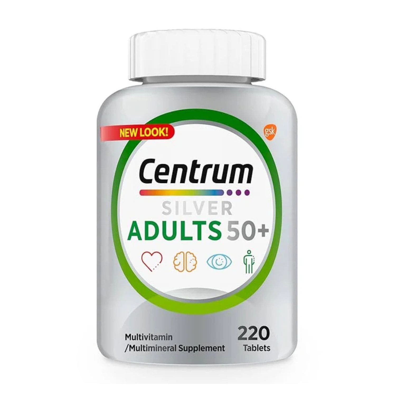 Centrum Silver Adults 50 Plus multivitamin bottle containing 220 tablets,