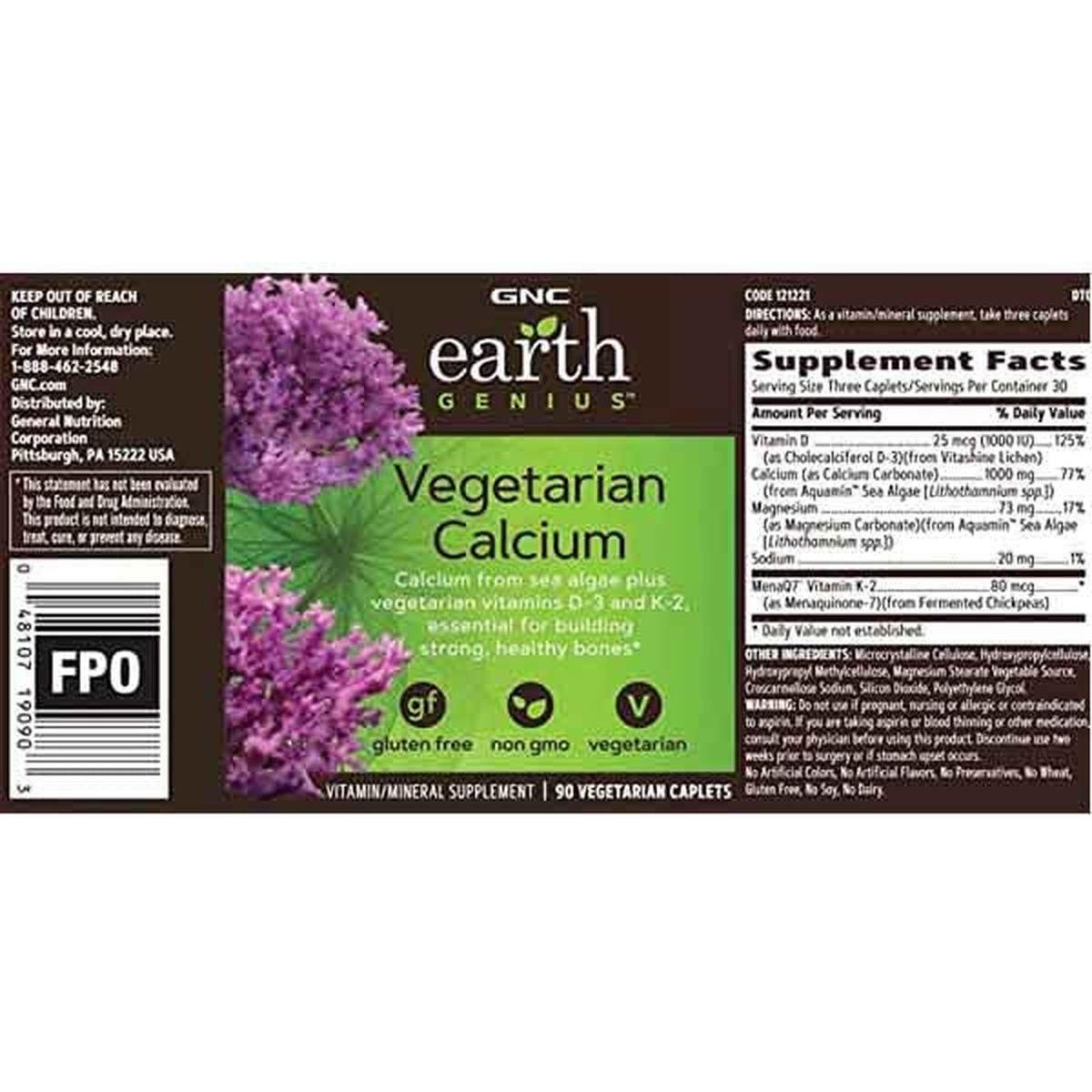 GNC Earth Genius Vegetarian Calcium 90 Caplets - Vitamins House