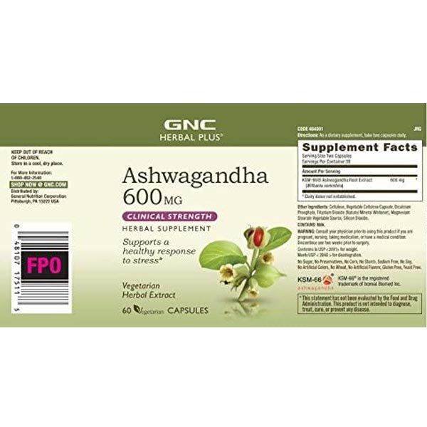 GNC Herbal Plus Ashwagandha 600MG 60caps - Vitamins House