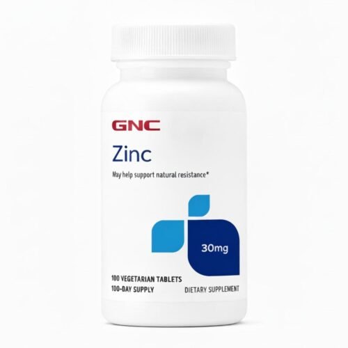 Front view of GNC Zinc 30mg dietary supplement bottle containing 100 tablets,