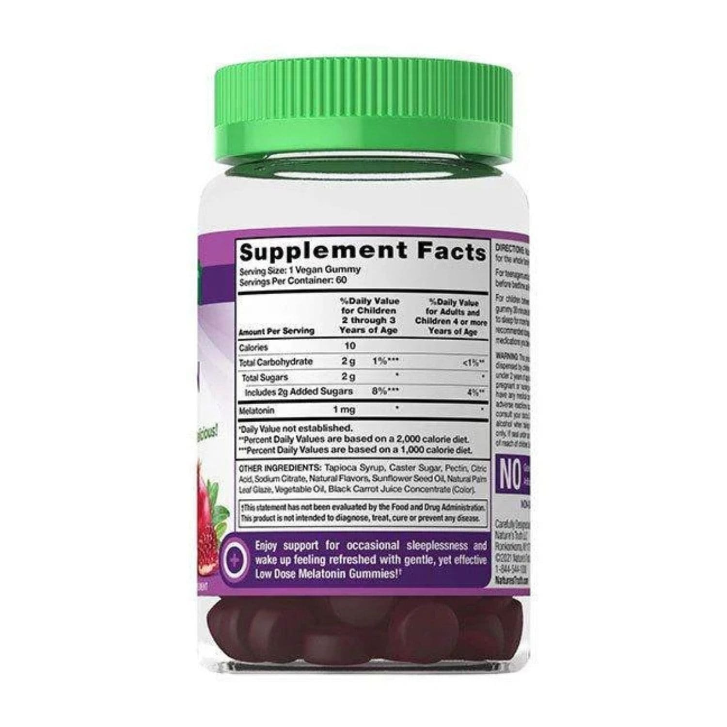 Close-up of Nature's Truth Melatonin 5mg Supplement Facts label showing 5mg Melatonin per serving