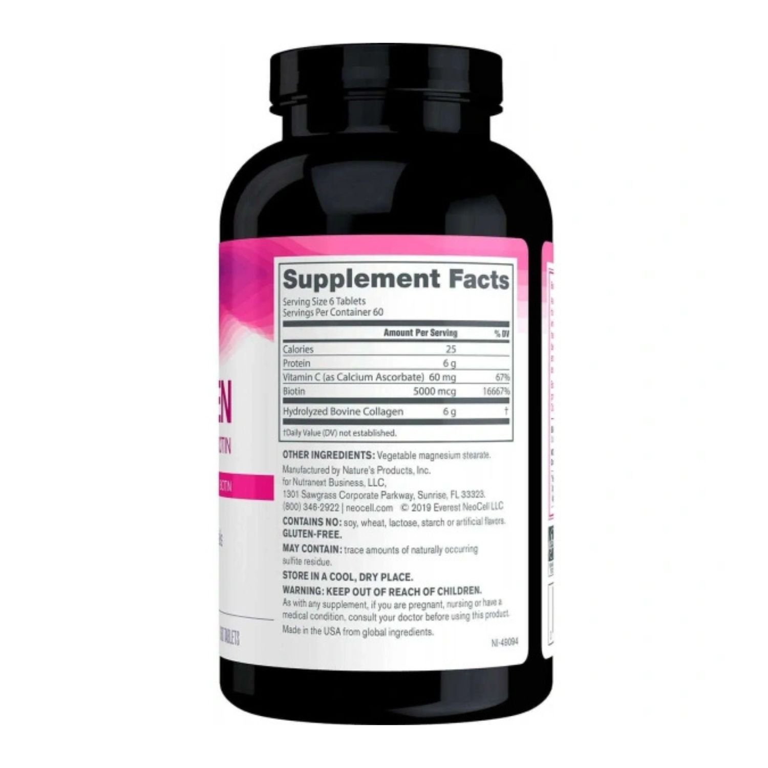 Supplement facts label for NeoCell Super Collagen + Vitamin C and Biotin 360 tablets