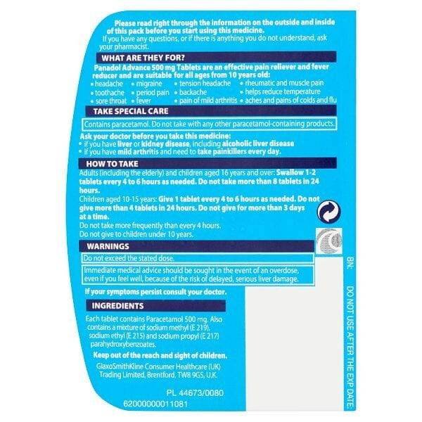 Panadol Paracetamol Tablets Pain Relief 500mg Advance 16s - Vitamins House