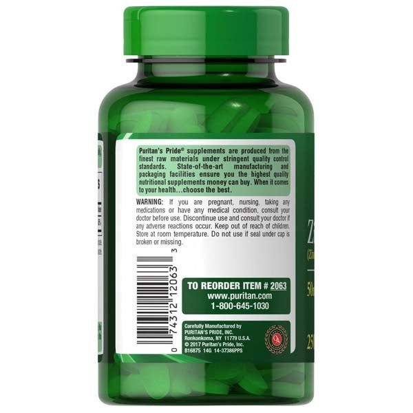 Puritan's Pride Chelated Zinc 50mg 250ct - Vitamins House