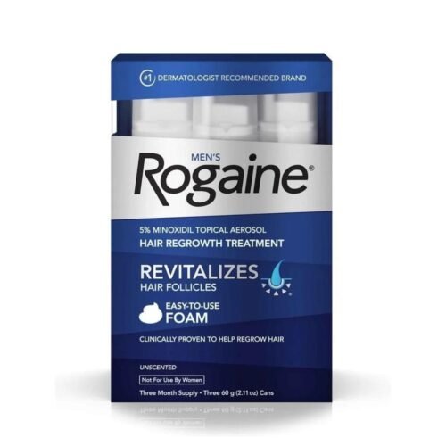 Front view of Men's Rogaine 5% Minoxidil Foam 3-month supply box.