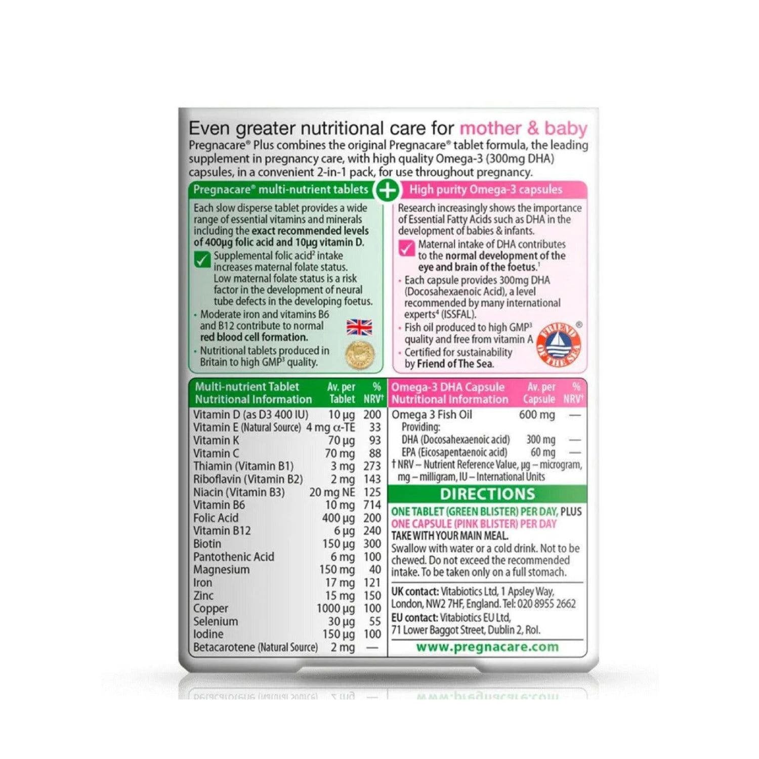 Vitabiotics Pregnacare Plus ingredients and supplement facts table showing vitamins, minerals, and Omega-3 capsules details.
